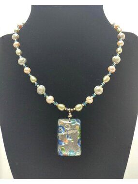 Necklace Freshwater Pearl Swarovski Crystals Dichroic Glass Pendant Artisan-Made